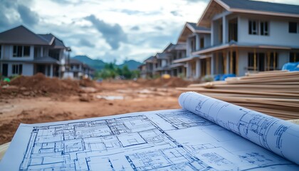 worker analyzing blueprints for house construction, construction site background, building materials