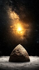 Wall Mural - A large rock sitting on top of a sandy beach under a starry sky