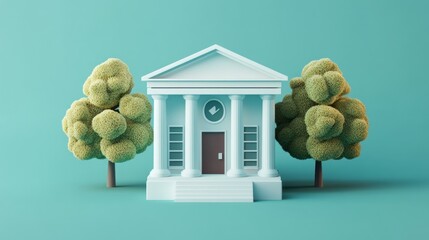 Poster - Simple 3D model of a classical building with two trees on a teal background.