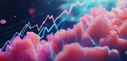 Wall Mural - Abstract 3D render of growing pink coral reef with overlaid financial graph.