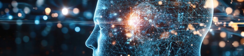 Aufkleber - Abstract digital human head profile with glowing network connections, bokeh background.