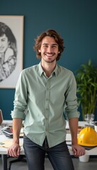 Wall Mural - A cheerful young man with wavy hair stands confidently in a stylish office, wearing a light green shirt. The vibrant backdrop and construction helmet hint at a creative and dynamic work environment