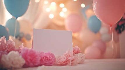 Poster - Blank card surrounded by pastel flowers and balloons;  festive backdrop.