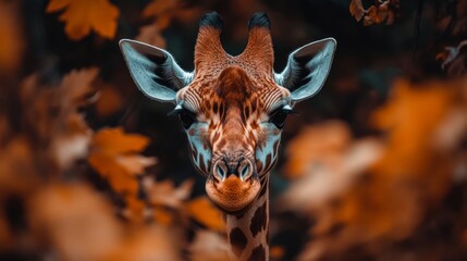 A close-up shot of a giraffe amidst autumn leaves, showcasing its unique features and vibrant patterns, This image can be used for wildlife publications, educational materials