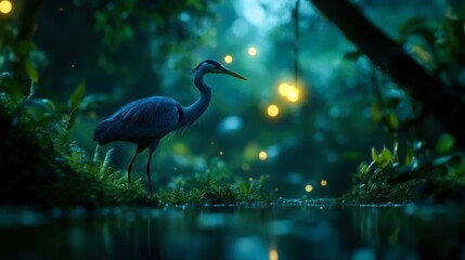 Canvas Print - A serene scene of a heron standing by a calm waterbody surrounded by lush greenery and soft glowing lights, capturing a tranquil moment in nature, perfect for themes of wildlife, tranquility