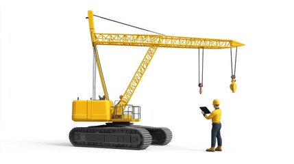 Aufkleber - A yellow crane and worker with tablet on white background.
