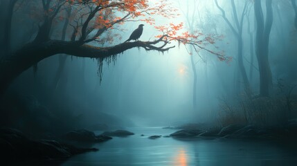 Canvas Print - A serene misty forest landscape featuring a solitary bird perched on a branch with vibrant autumn leaves, This image can be used for nature-themed projects, websites, or meditation materials,