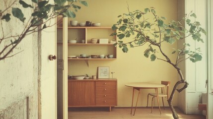 Aufkleber - Bright minimalist room interior with wooden furniture, plants, and shelves.