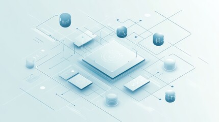 Leinwandbilder - Abstract isometric illustration of a network system with interconnected nodes and data elements.