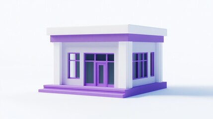 Poster - Simple white and purple 3D model of a small building with a flat roof, windows, and doors.