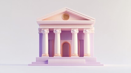 Poster - Pastel pink minimalist 3D rendering of a classical building with columns and steps.