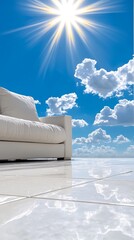 Wall Mural - A white couch sitting on top of a tiled floor under a blue sky