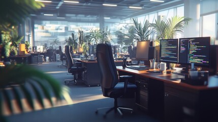 Aufkleber - Sunlit modern office interior with workstations, computers displaying code, and tropical plants.
