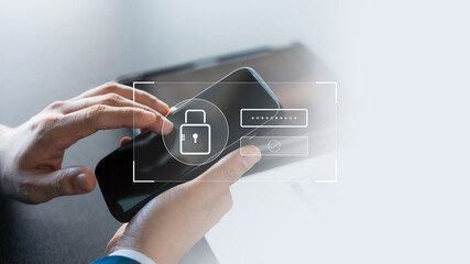 Wall Mural - cybersecurity data protection, businessman using laptop and smartphone internet network security, pr
