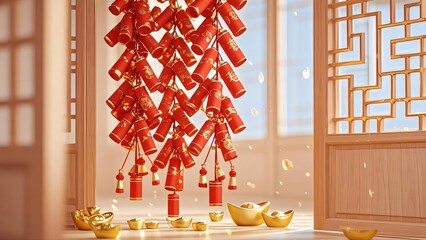 Sticker - Red firecrackers and gold ingots hang in a traditional Chinese setting.