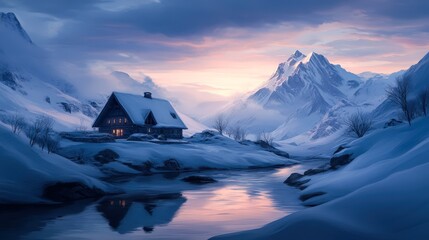 Wall Mural - A tranquil winter landscape showcases a cozy cabin nestled by a serene river, surrounded by majestic snow-covered mountains, Perfect for travel blogs, winter retreats, or seasonal advertising,