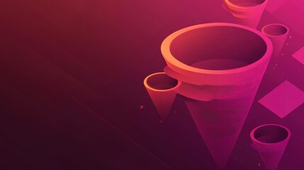 Aufkleber - Abstract background with vibrant pink and red 3D cone shapes on a dark background.