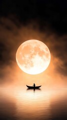 Wall Mural - A man in a boat floating on the water under a full moon