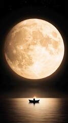 Wall Mural - A man in a boat floating in front of a full moon