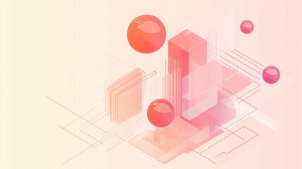 Poster - Abstract 3D geometric shapes, spheres, and lines in soft pink and orange hues.