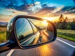© prapatsorn - Minimalist Car Side Mirror Reflection: Driving Safety & Caution Stock Photo
