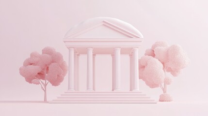 Aufkleber - Minimalist 3D render of a classical temple with pink trees on a pink background.