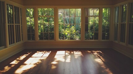 Leinwandbilder - Sunlit room with large windows overlooking a lush garden.