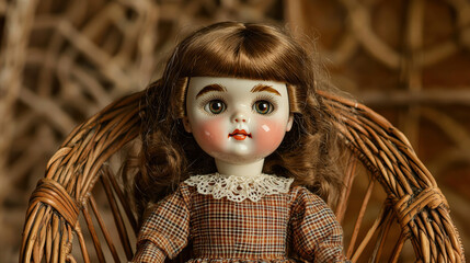 Secondhand shop, antique & vintage concept. A vintage doll with brown hair sits elegantly in a wicker chair.