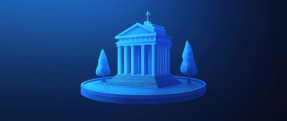 Poster - 3D rendering of a classic temple on a small island with two trees.
