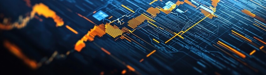Poster - Abstract digital world map with glowing lines and data streams.