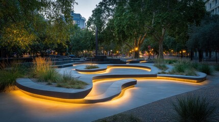 Poster - Modern urban park at dusk, illuminated curved benches and landscaping.