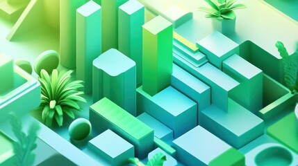 Poster - Abstract 3D rendering of geometric shapes and tropical plants in vibrant green and blue hues.