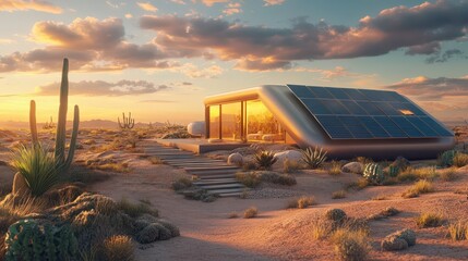 Canvas Print - Modern Solar Powered Desert Home Sunset Setting