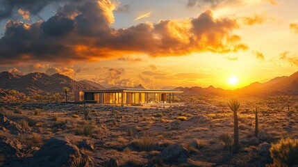 Canvas Print - Modern Desert House Sunset Landscape Architecture