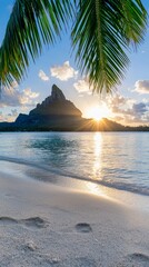 Poster - A beach with a palm tree and a mountain in the background