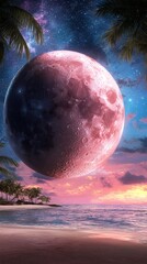 Wall Mural - A pink moon on a beach with palm trees in the foreground