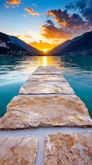 Poster - A stone pier stretching out into the water at sunset