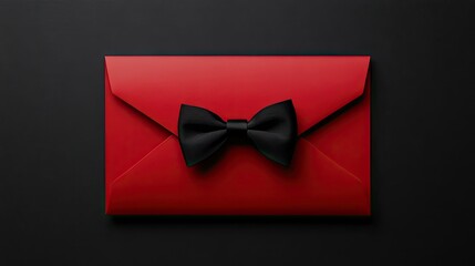 Wall Mural - Elegant and formal red envelope with a bow tie emblem displayed on a smooth black surface, perfect for celebrations.