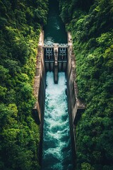 Wall Mural - Aerial view showcasing dam surrounded by lush greenery, highligh