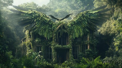 Wall Mural - A verdant house enveloped by enormous leafy wings