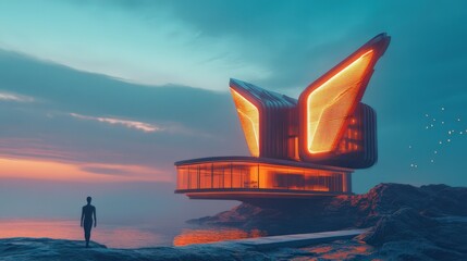 Canvas Print - Futuristic Coastal Residence With Winglike Design At Sunset