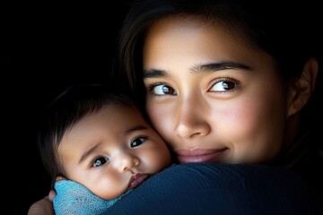 Experience the profound bond of motherhood with this heartwarming close-up of an Asian mother and her newborn, with expressions of unconditional love and affection on their faces This image captures