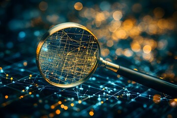 A magnifying glass floating over an abstract digital grid, representing data analysis and hidden details in the web development process. The background is blur