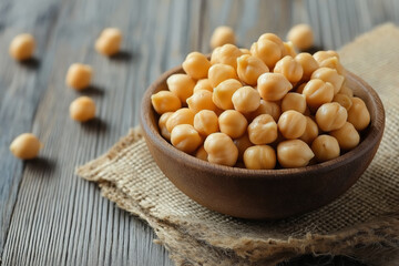 Wall Mural - Cooked chickpeas in a wooden bowl on rustic burlap cloth and wooden table, with scattered legumes around.