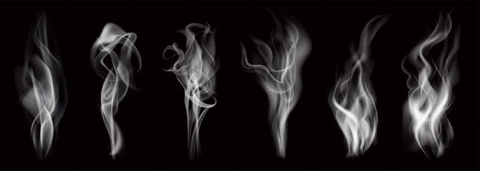 Wall Mural - Set of realistic transparent fire smoke pattern, winter fog or mist effect, hot food, drink or water steam, nature sky cloud, weather element and explosion wave. Cigarette or chimney smoke symbol art.
