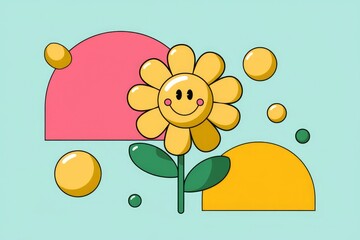 Poster - A cheerful cartoon sunflower with a smiling face, surrounded by colorful abstract shapes.