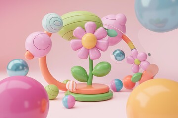 Poster - A whimsical 3D rendering of pastel-colored flowers, spheres, and abstract shapes, creating a playful and vibrant composition.