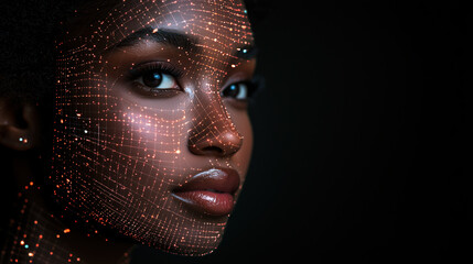 Wall Mural - portrait of an african woman with digital light grid on face in dark atmosphere representing technol