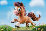 A cheerful cartoon pony gallops across a vibrant meadow, filled with wildflowers under a bright blue sky.