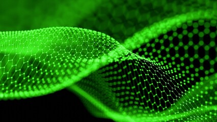 Poster - Green Hexagonal Mesh Wave on Dark Background